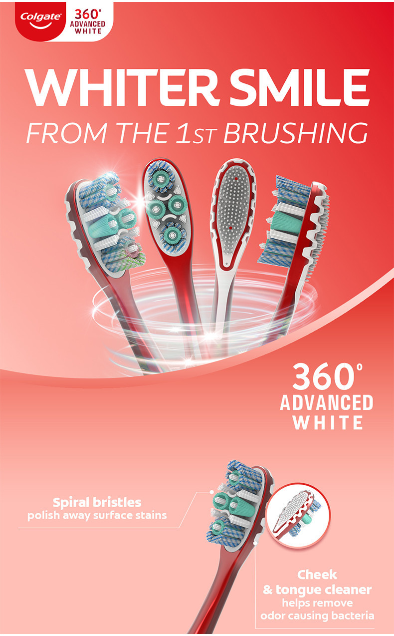 Colgate 360° Toothbrush with Polishing Cups Advanced White, Soft, Value ...