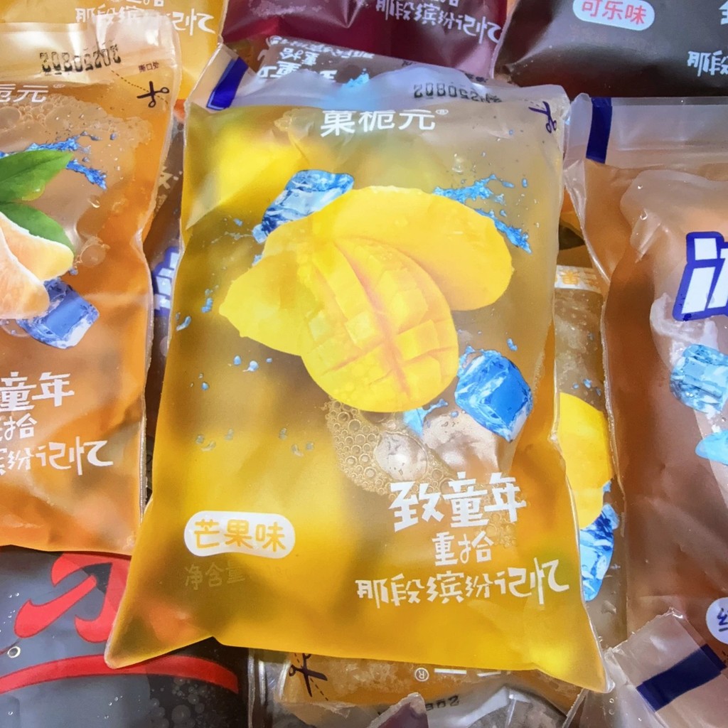 Old-fashioned ice pack drinks, nostalgic snacks, childhood, bagged ice ...