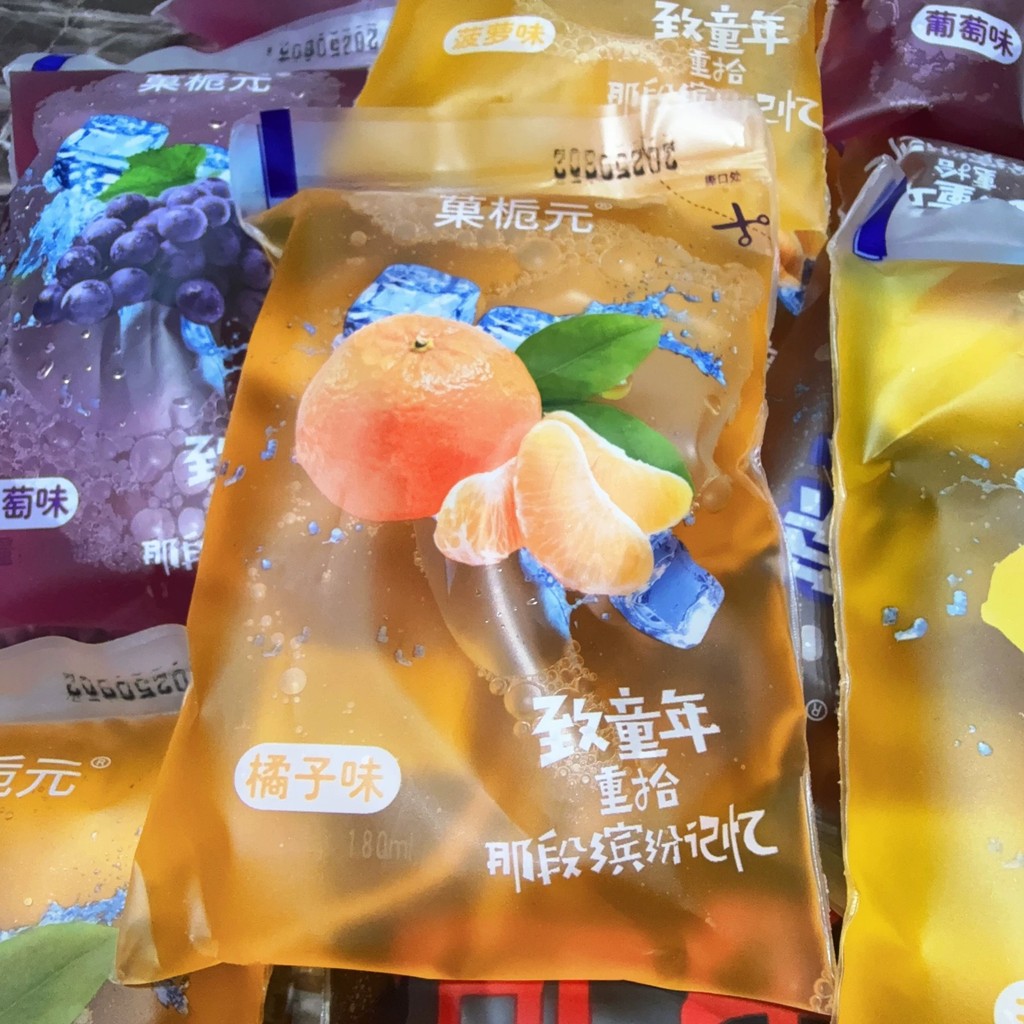 Old-fashioned ice pack drinks, nostalgic snacks, childhood, bagged ice ...