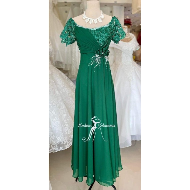 green emerald velvet dress TALITA Off Shoulder Ruffled Maxi Dress with Slit (Emerald Green Chiffo –  Zoo Label main image 0