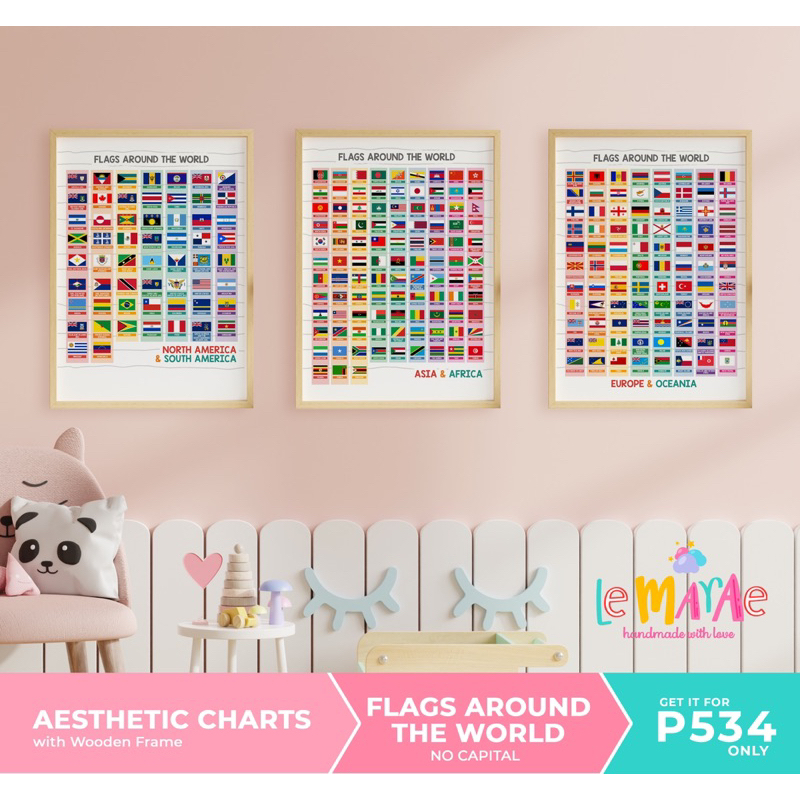 WORLD FLAGS Laminated Educational Charts A3 Big Wooden Frame Wall Decor ...