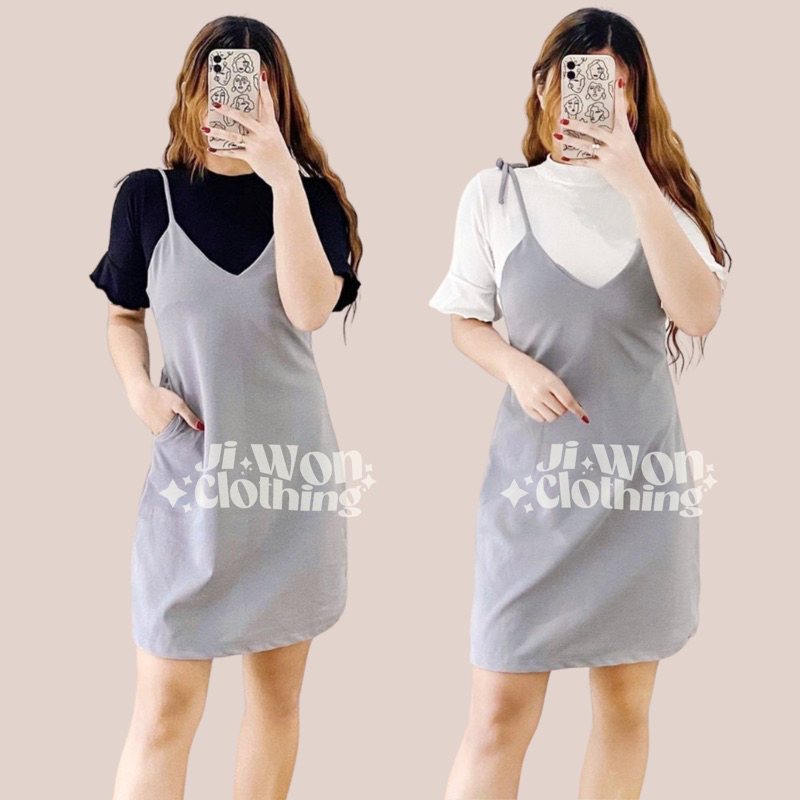 Korean Ribbon Dress with Inner Shirt Fits S M 2in1 Set Terno One Side Pocket Shopee Philippines