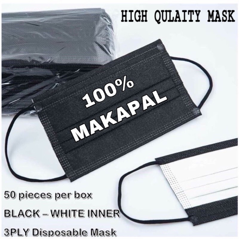 50Pcs MAKAPAL Black ( White Inner ) Mask 3ply Disposable Face Mask