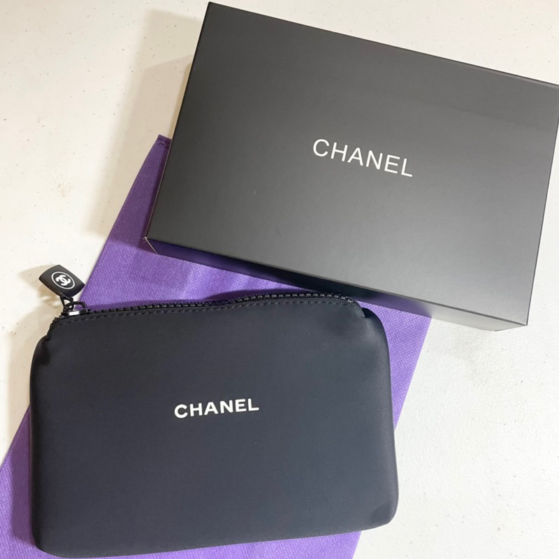 AUTHENTIC Chanel black neoprene makeup cosmetic bag pouch travel