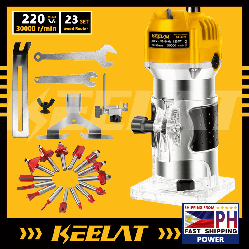 KEELAT 1200W Power Tools Handheld Palm Wood Router With 15pcs Bits ...