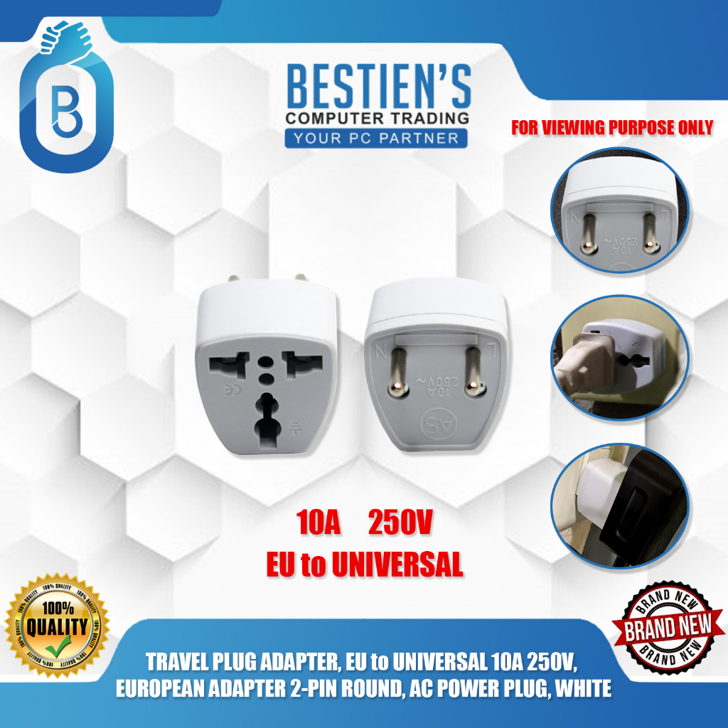 TRAVEL PLUG ADAPTER, EU to UNIVERSAL 10A 250V, EUROPEAN ADAPTER 2-PIN ...