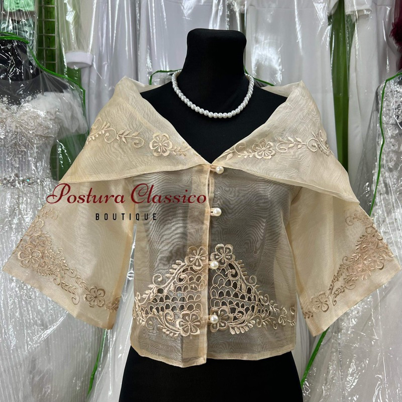 Filipiniana Maria Clara Blouse w/ Beige Embroidered Modern Filipiniana ...