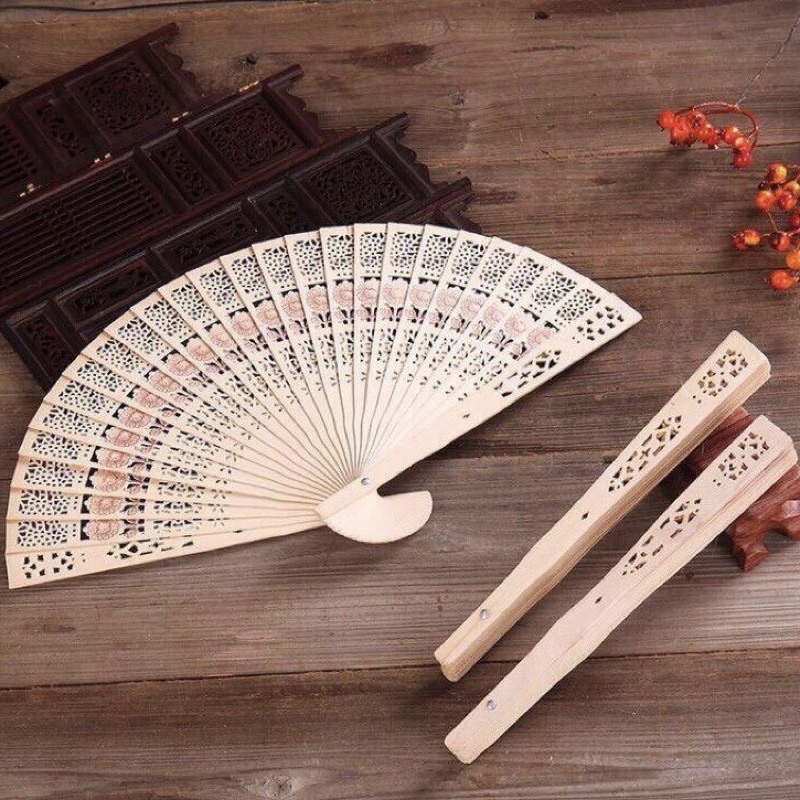 Vintage Folding Bamboo Fan Original Wooden Carved Hand Fan For Wedding Souvenirs Pamaypay