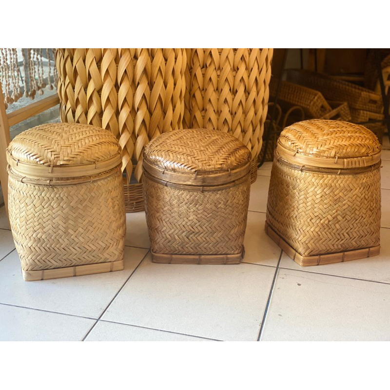 Native handwoven bamboo storage basket with cover rice storage