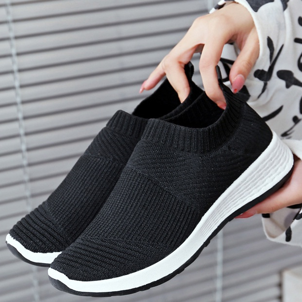 Slip On Black Wedge Rubber Shoes For Women Fly Woven Comfortable ...