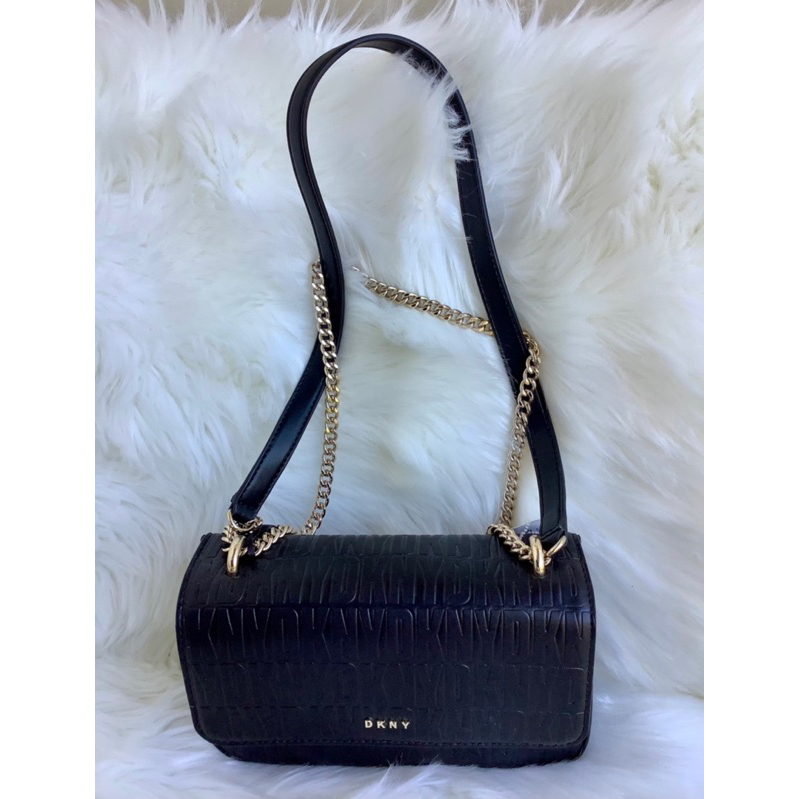 DKNY Sina Crossbody Faux Leather Embossed Logo Bag Black/Gold Shopee