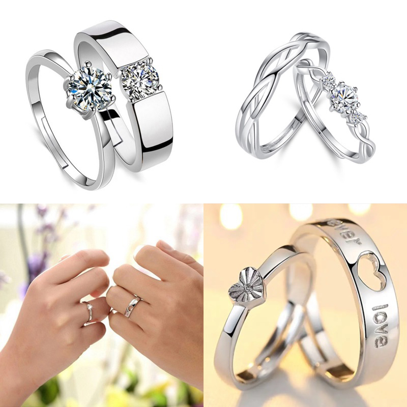 YH Jewekry 2pcs Silver Couple Ring Crystal Diamond Couple Wedding ...