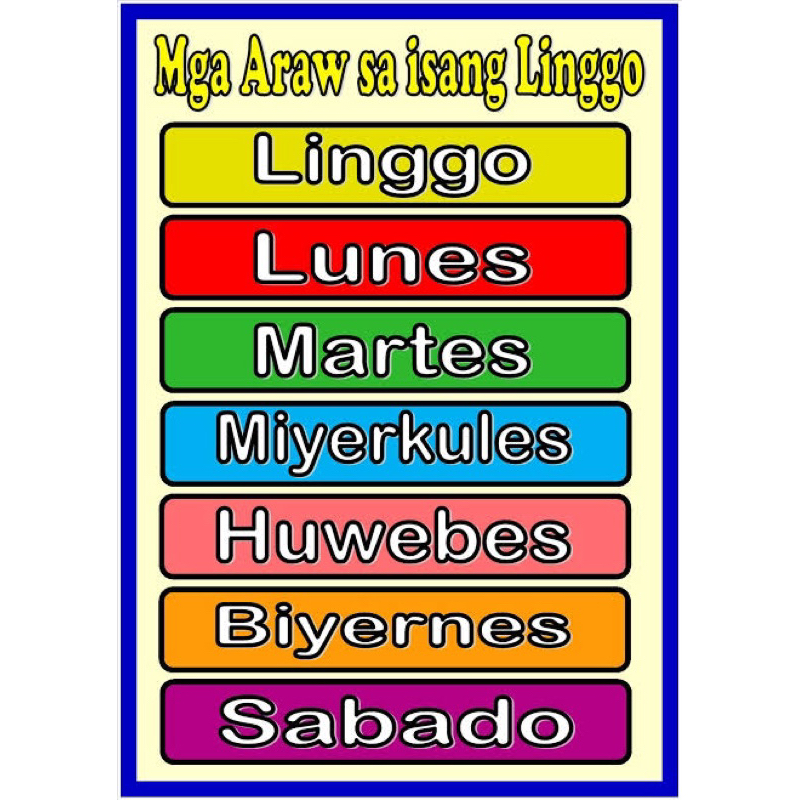 DAYS OF THE WEEK ENGLISH/TAGALOG EDUCATIONAL CHART FOR KIDS LAMINATED ...