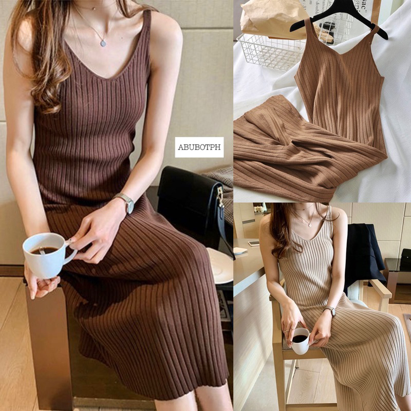 LULU KOREAN Vneck Long Bodycon Knitted Slip Dress Shopee Philippines