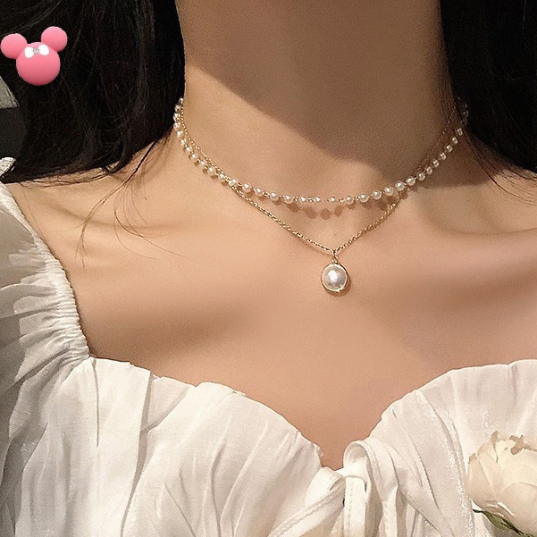 Fashion Pearl Metal Lock Necklace Multilayer Pendant Women Gold