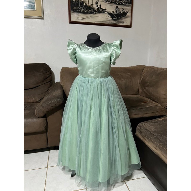 Sage Green Sequin Ball Gown Puffy Flower Girl Dress