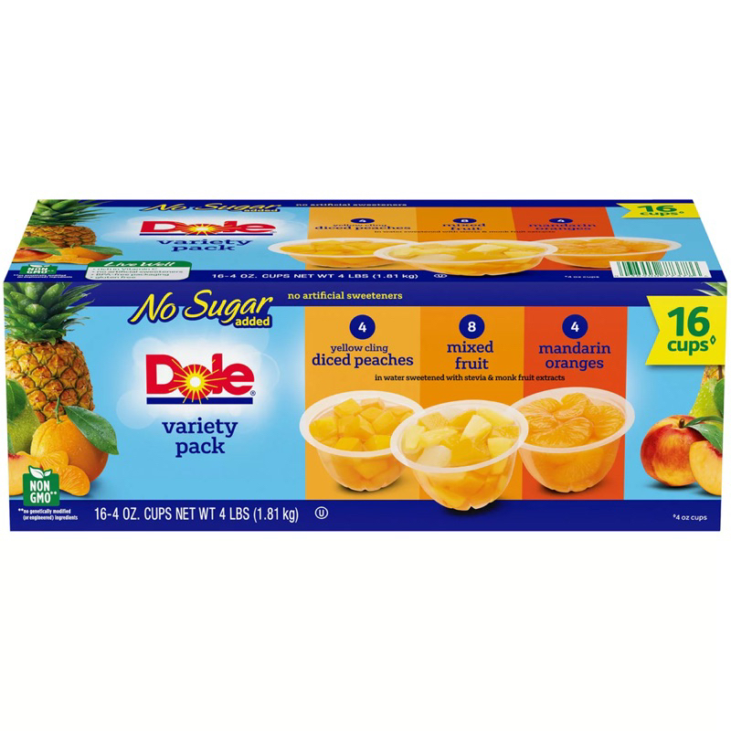Dole Mixed Fruit Cups No Sugar Added Variety Pack 16cups / Sugarfree