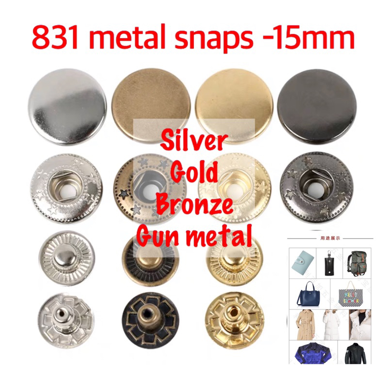 50/100 sets Metal Material Snap Fastener Press Studs Snaps Button 15mm ...