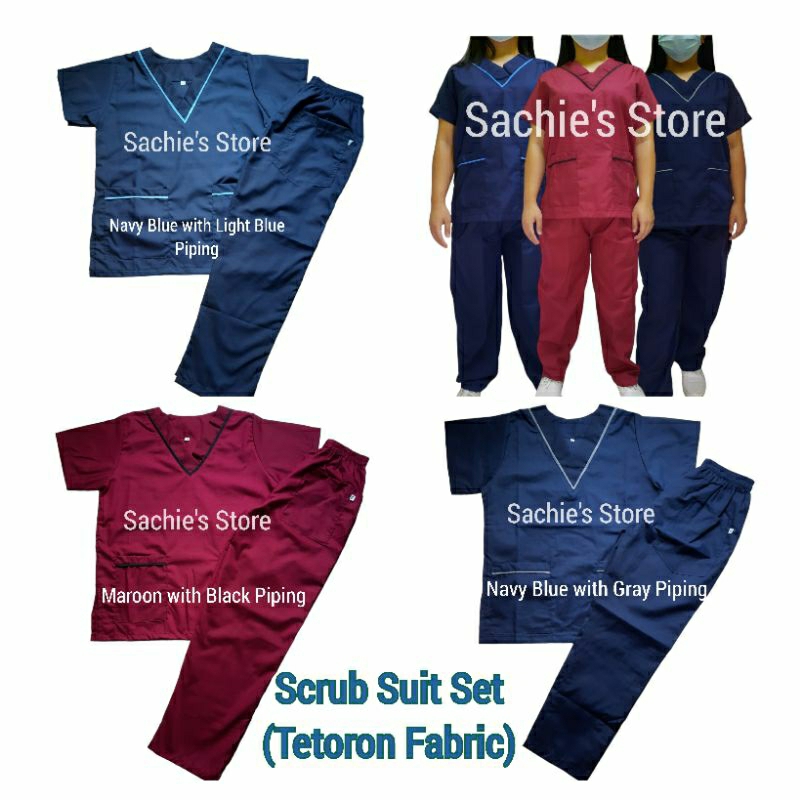 [Medical Uniform Unisex] Scrubsuit Set VNeck with Piping (Maroon & Navy ...