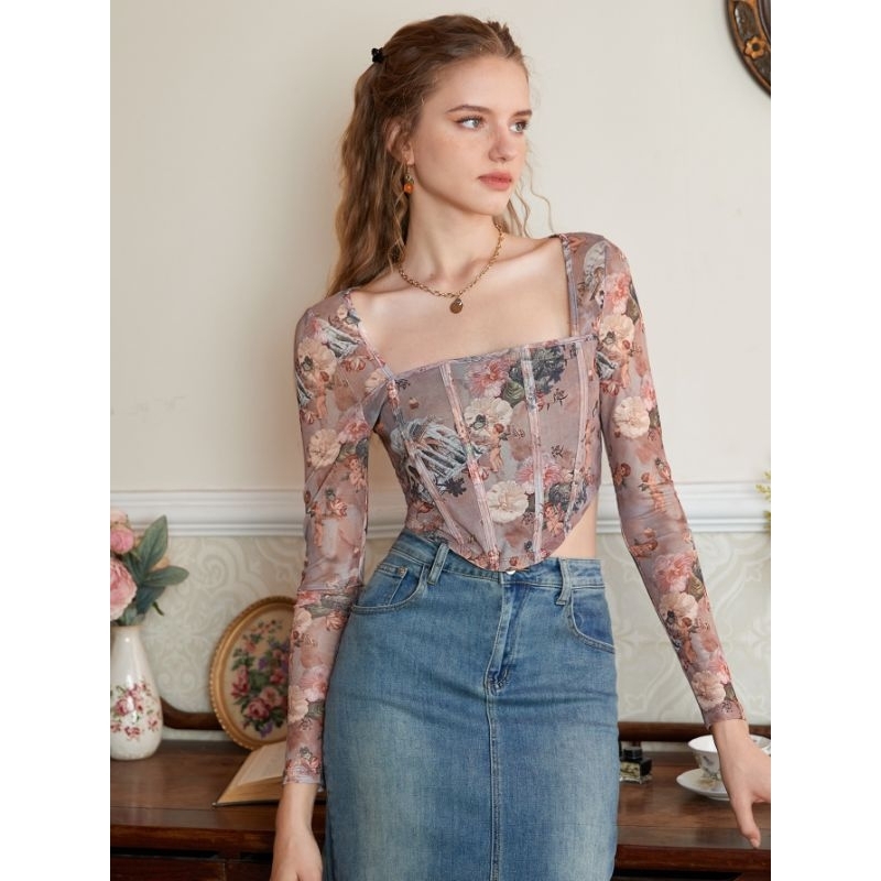Floral Square Neck Curved Hem Sleeveless Blouse main image 0