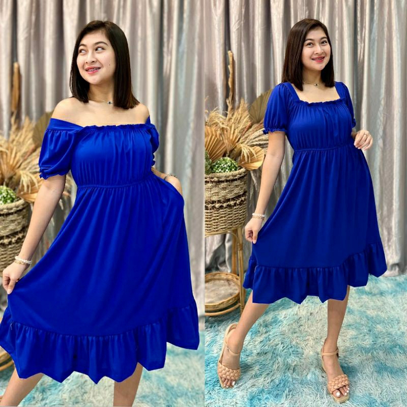 OFF SHOULDER PUFF SLEEVES MIDI DRESS W/ 2 SIDE POCKETS | Shopee Philippines