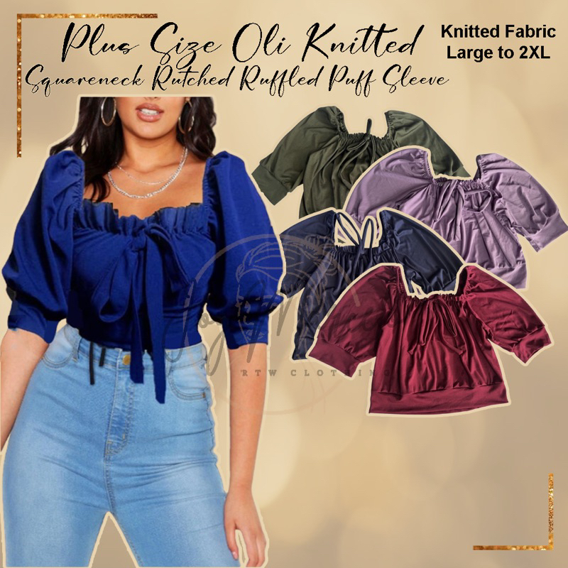 PLUS SIZE OLI Knitted Squareneck ruffled Puff Sleeve crop tops korean ...