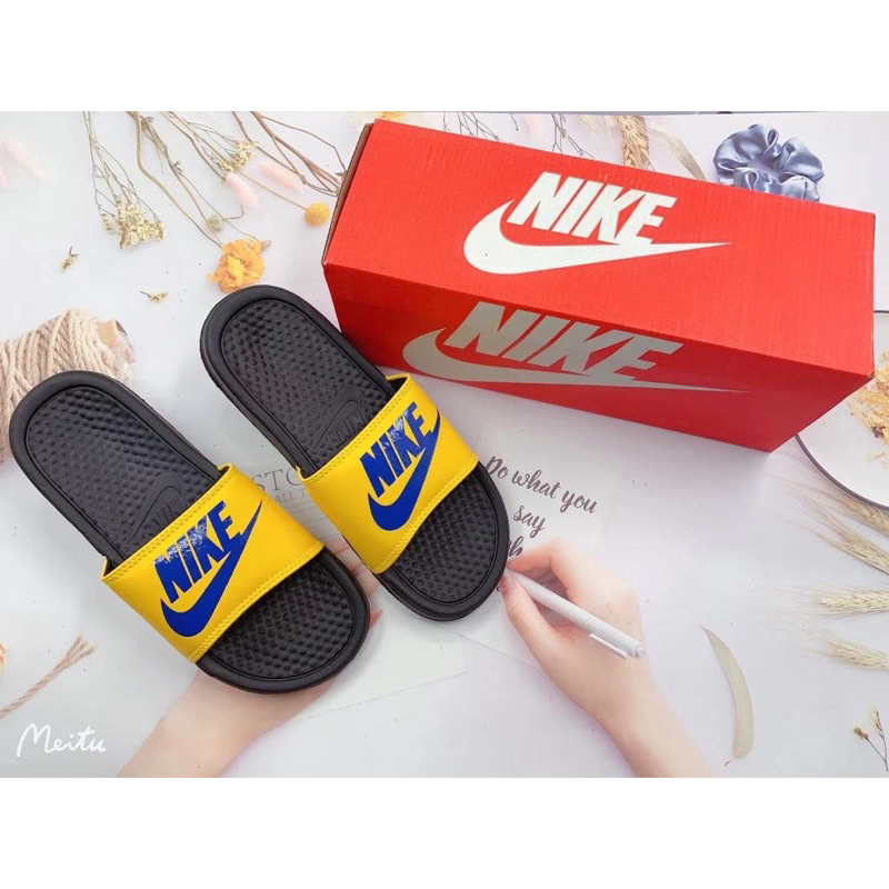 Blue and yellow nike slides hot sale