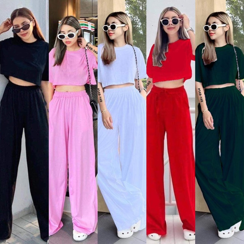 Wide leg pants with pocket pair with cotton loose crop top | Shopee ...