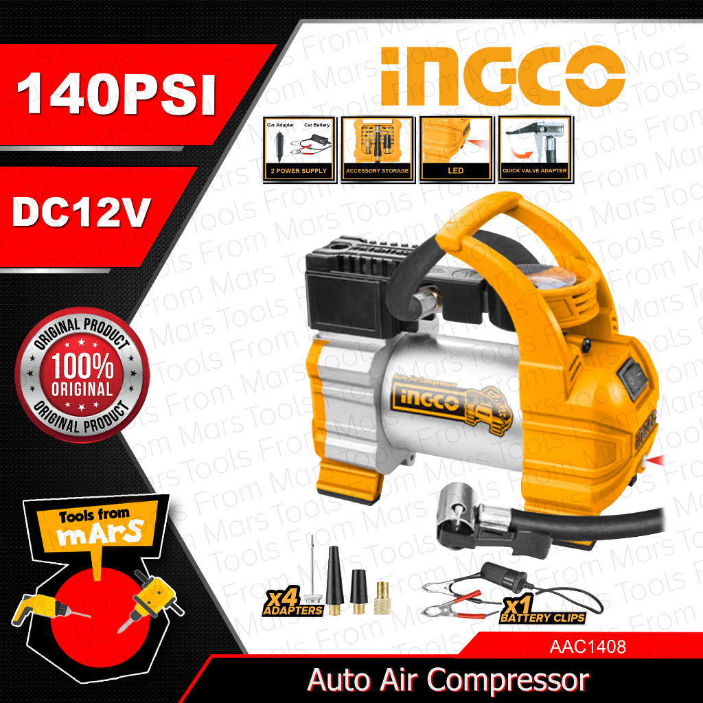 INGCO Auto Air Compressor Pump Car Tire Inflator DC 12V DC 140PSI ...