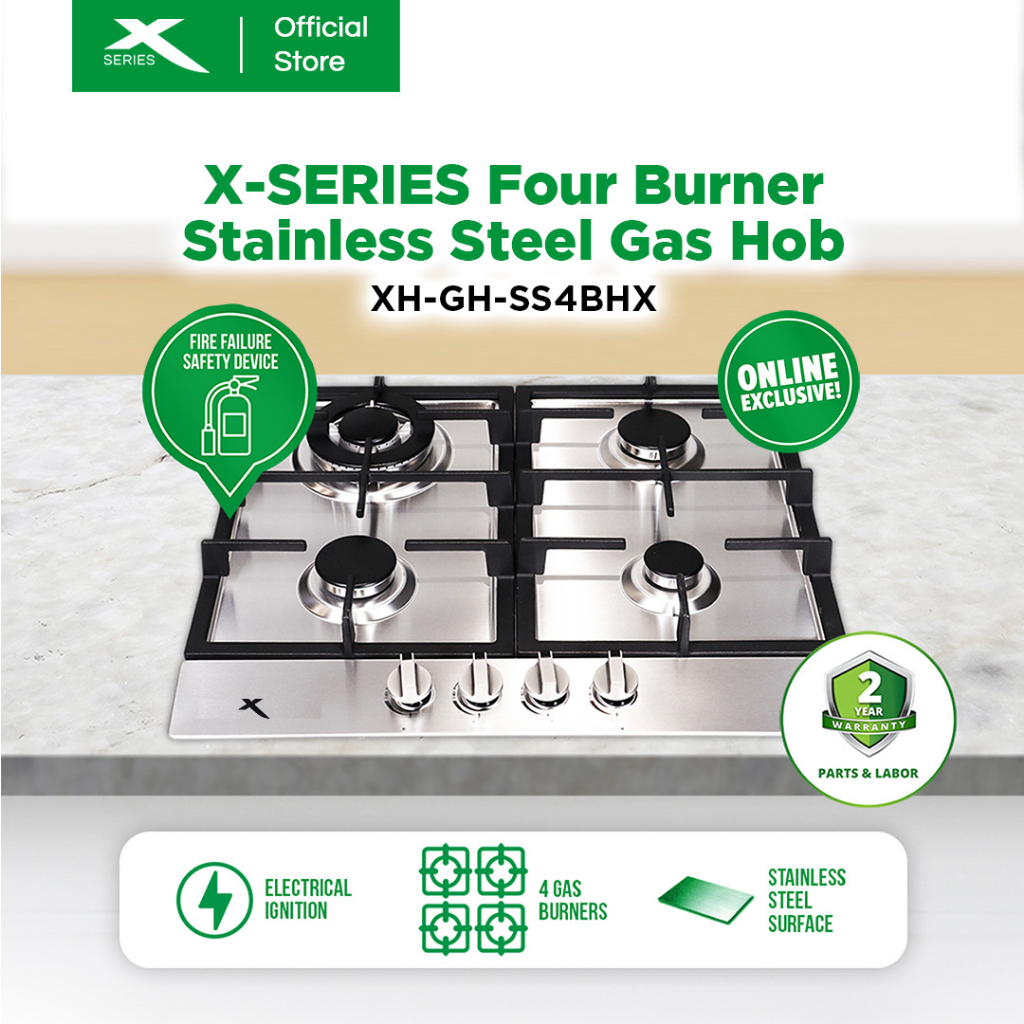 XSERIES 4 Burner Stainless Steel Gas Hob with Electric Ignition and