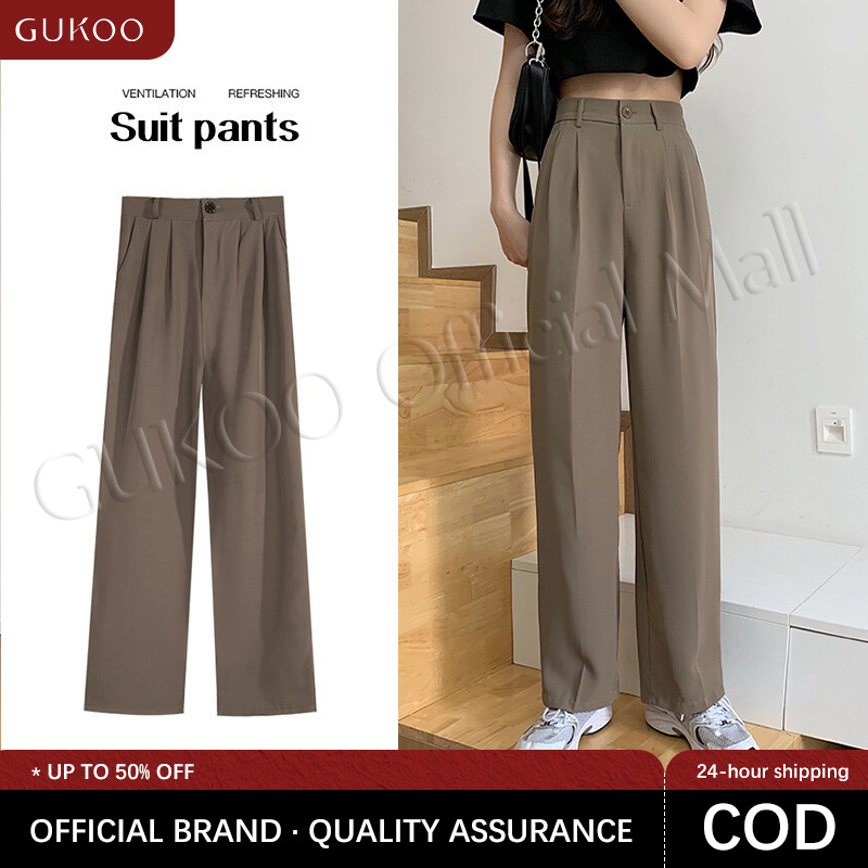 GUKOO Suit Pants High Waist Slimming Elastic Waist Vertical Leg Pants ...