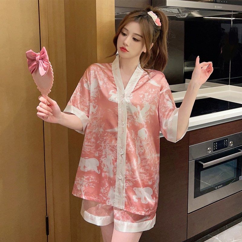 ELITE Kimono Style Silk Termo Sleepwear Set Full Botton Shopee