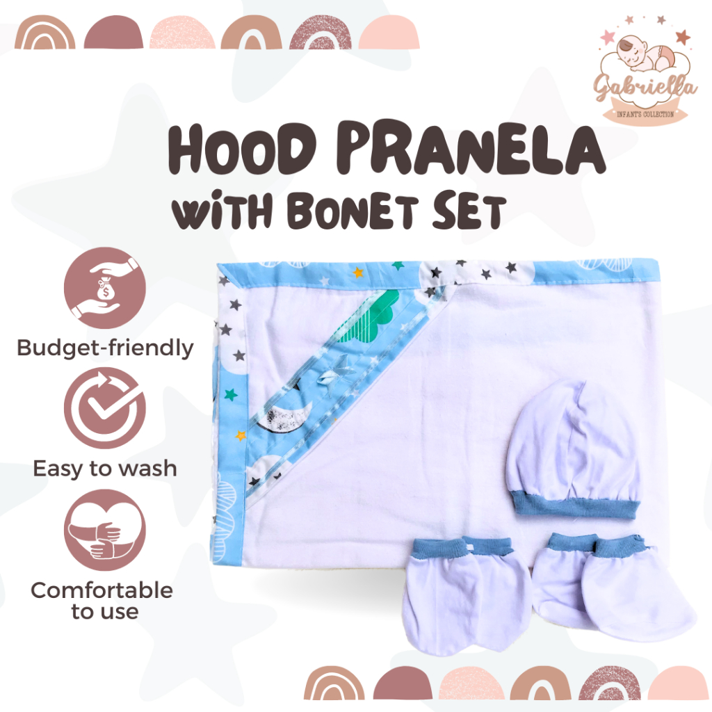 Hood Pranela Receiving Blanket with 3in1 Bonet Mittens Booties Set