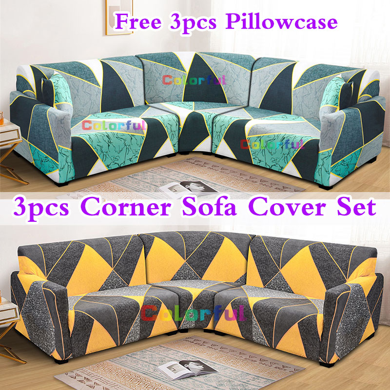 3pcs Corner Sofa Cover Set of 2pcs 2seater and 1pc 1seater Curve Sofa Cover  Free 3pcs Pillowcase