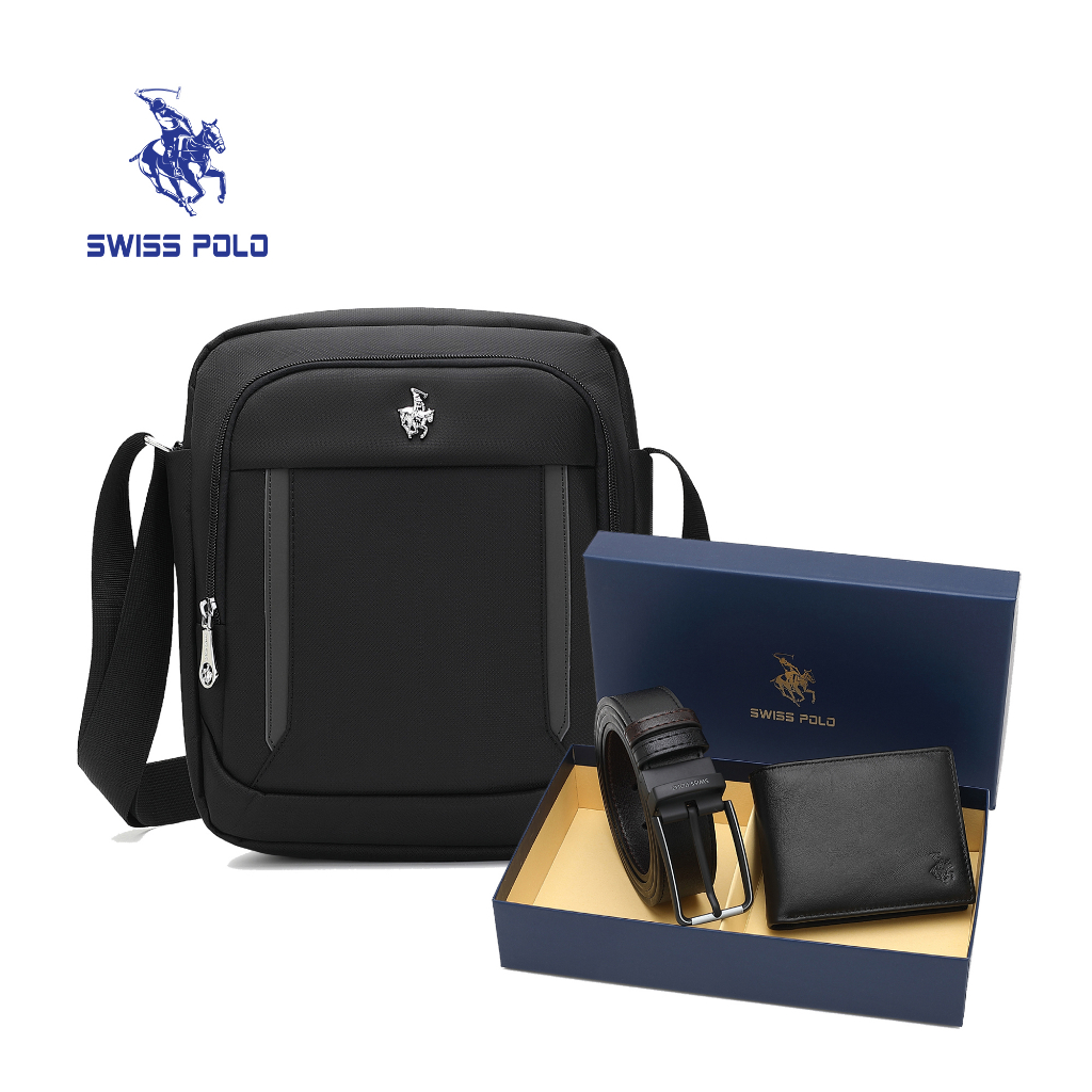 Swiss Polo Men s Chest Bag Genuine Leather Bifold Wallet Automatic Belt Gift Set SGS 563 SGS 568 Shopee Philippines