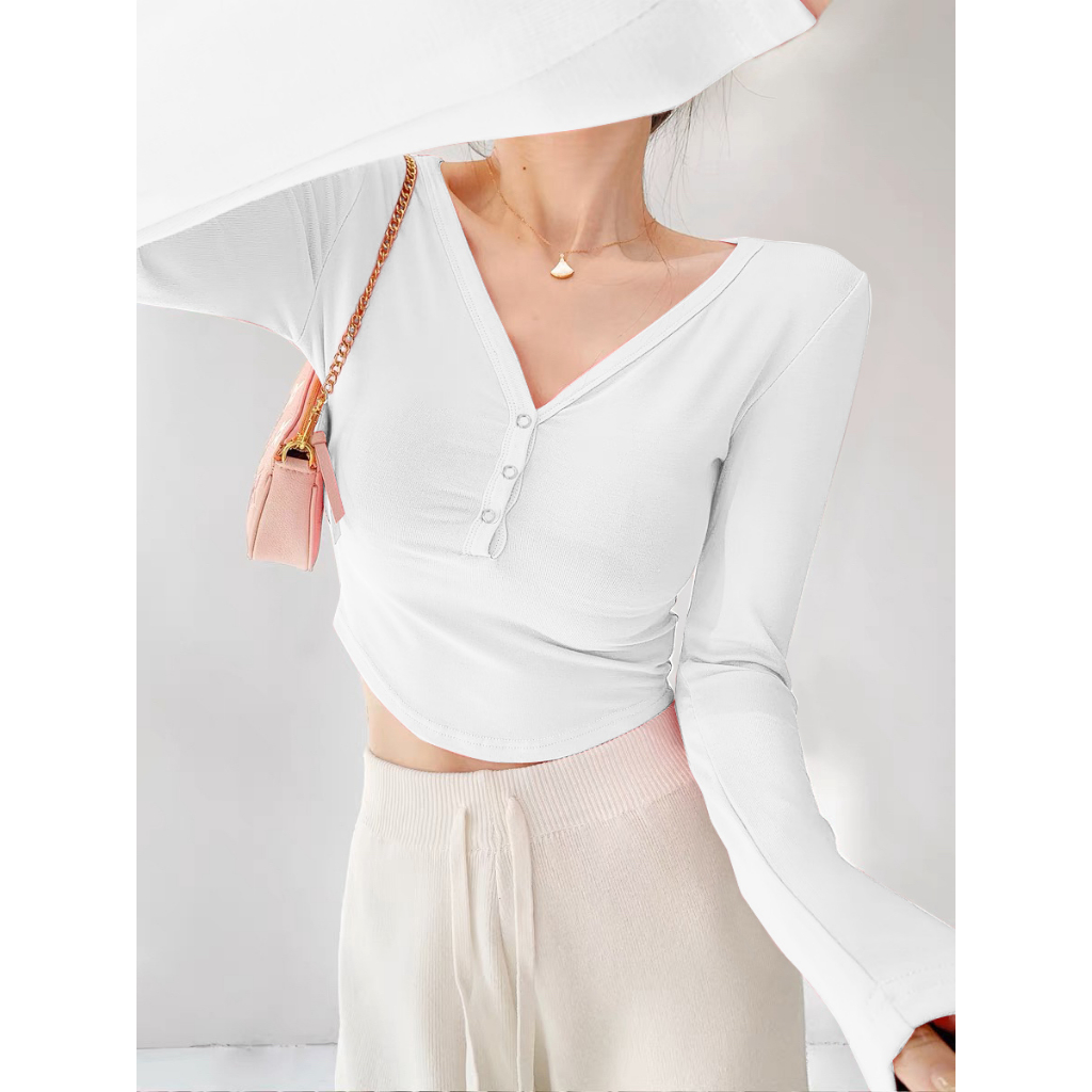 White Long Sleeve V Neck Crop Top, Tops