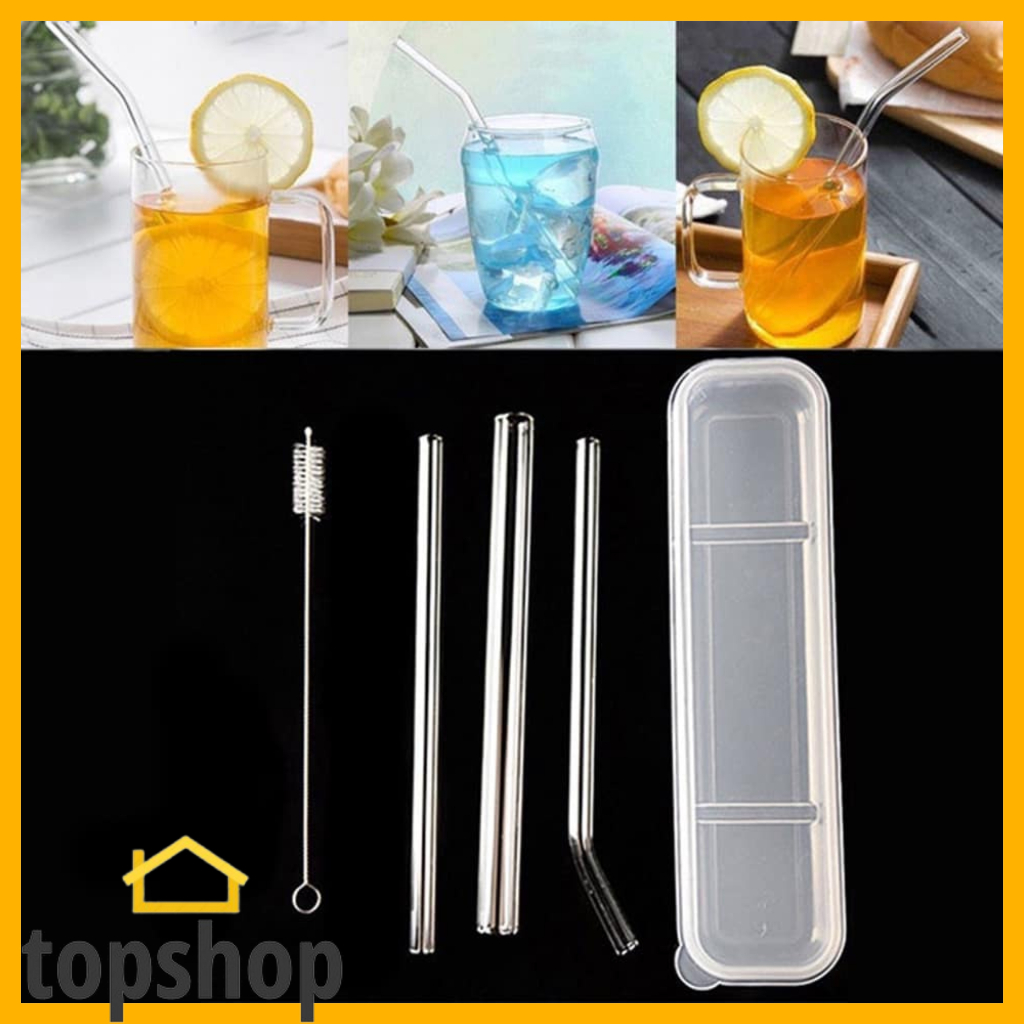 Topshop 4pcs Glass Metal Straws Reusable Drinking Glass Tube Eco