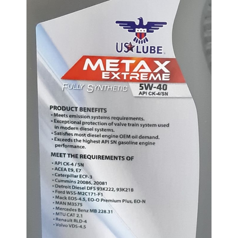 US LUBE METAX EXTREME Fully Synthetic SAE 5W-40 API CK-4/SN 1Liter ...