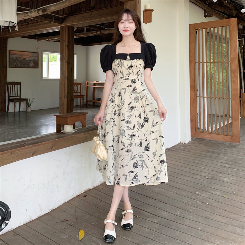 black dress Floral puff sleeve long dress elegant cocktail vintage dress  women Korean summer dress