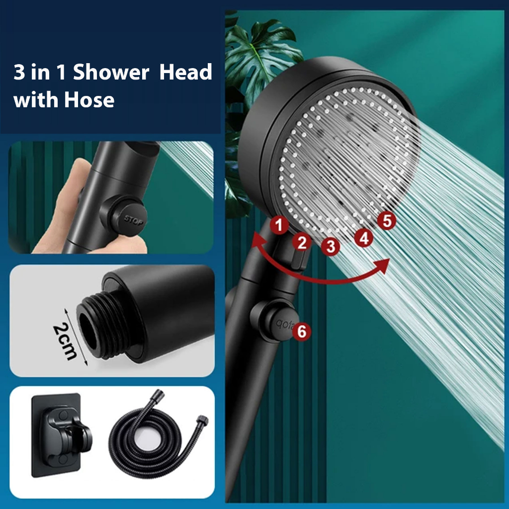 3 in 1 Shower Head With Hose Set Black High Pressure Bathroom Shower ...