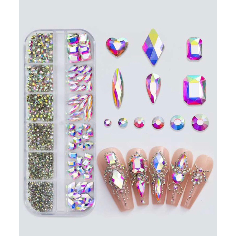 1 Box/12grid Aurora Flat Back Rhinestones Set Nail Art Nail Charms Nail ...