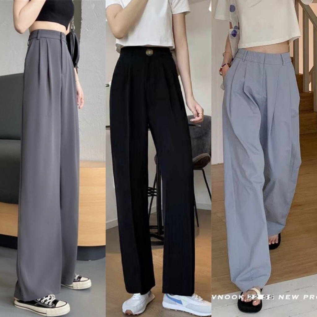 Korean Trends Wide Leg Trousers 80's Retro Garterized-back With Belt ...