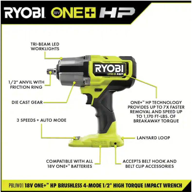 RYOBI 18V HP BRUSHLESS Cordless 4Mode 1/2 in. High Torque Impact