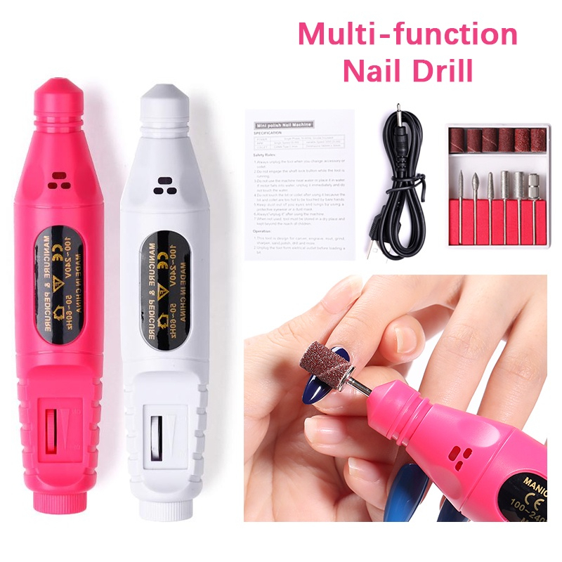 Electric Nail Drill Machine USB Plug Set 6 Nail Drill Bits Pedicure ...