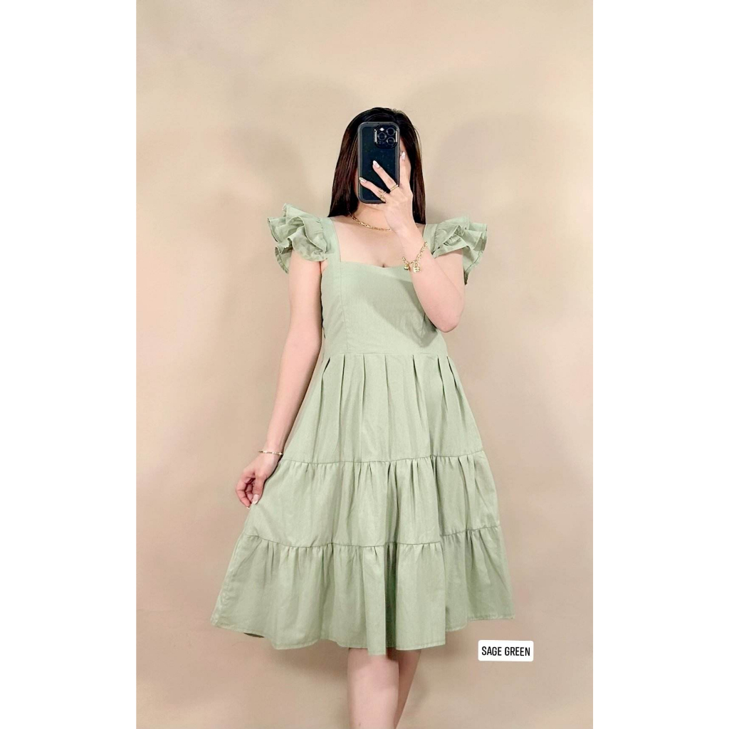 Cotton Line Ruffles Strap Dress Garterized back(AVA) | Shopee Philippines