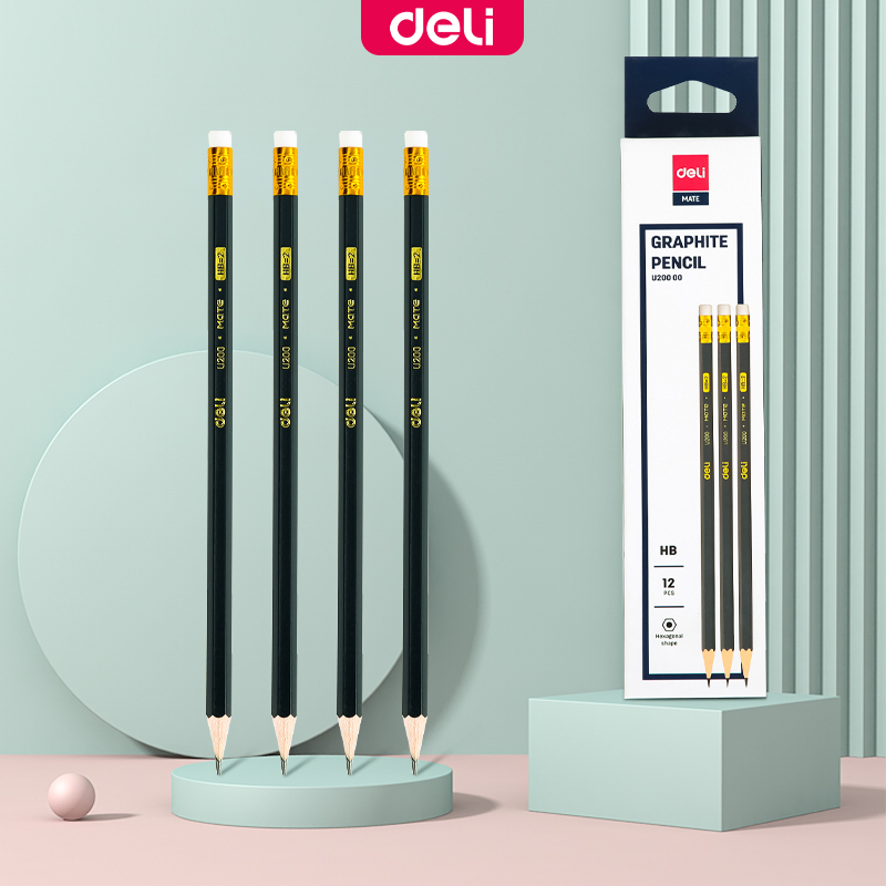 Deli 12Pcs/Set HB Graphite Pencil With Eraser Sketching Drawing Pencil