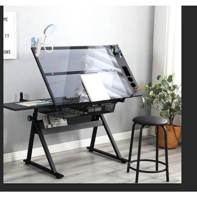 Glass Drawing TableHeight Adjustable Drawing Table with Drawer Stool ...