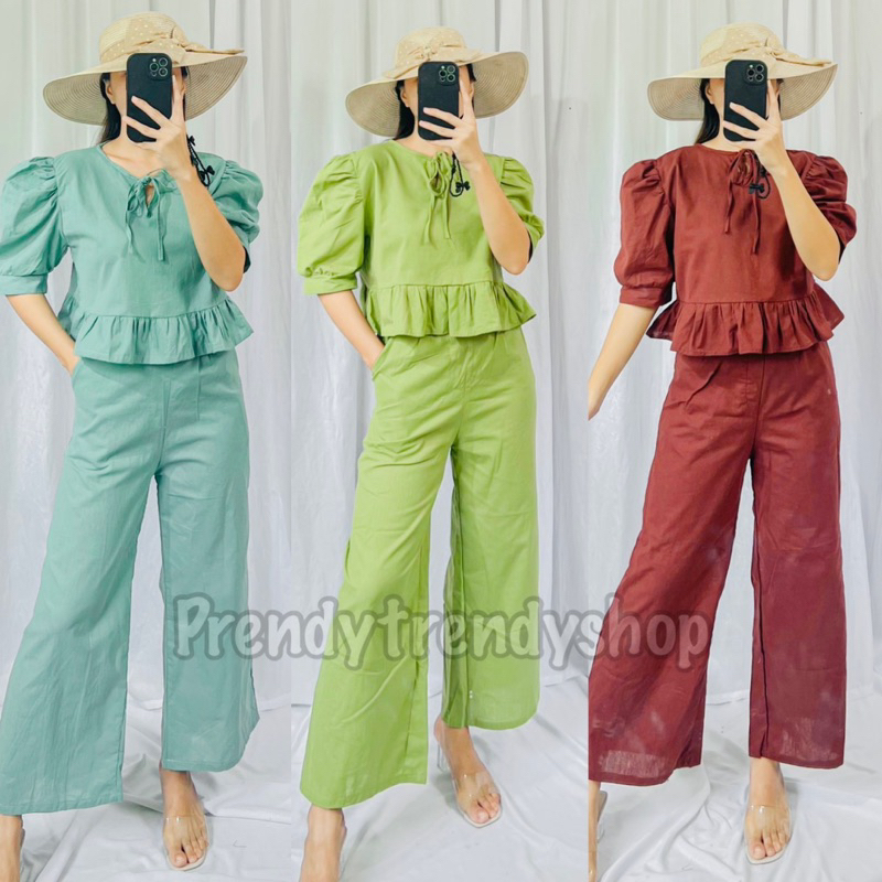 KELLY RUFFLES TOP AND PANTS WITH 2 SIDE POCKET COTTON LINEN | Shopee ...