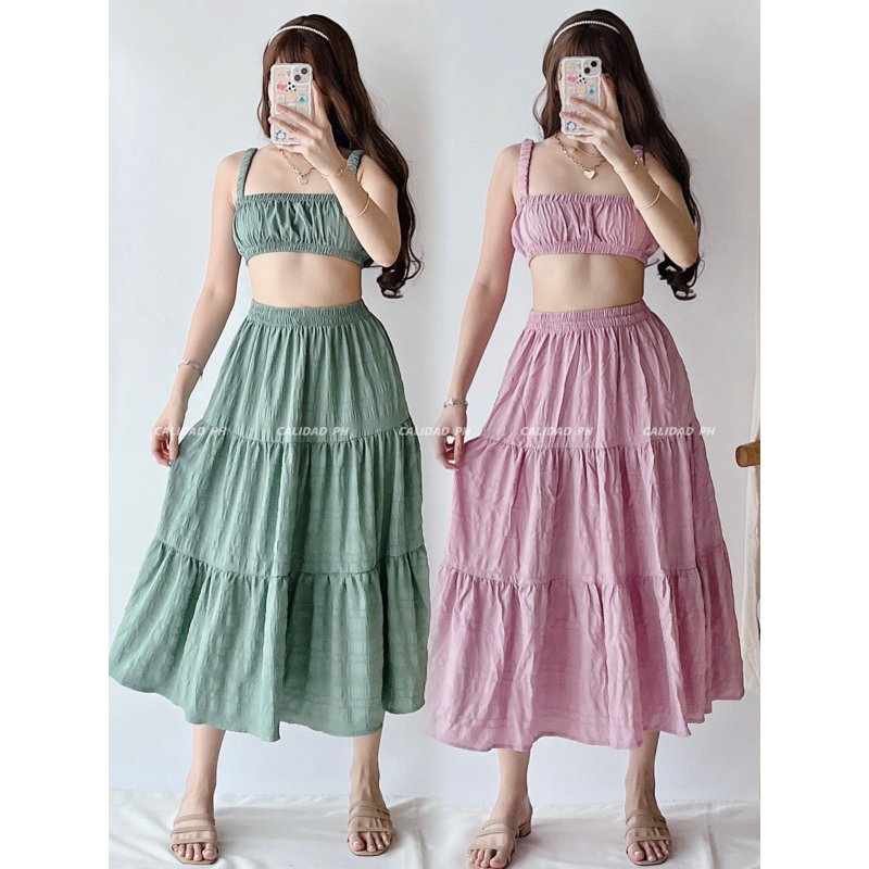 COCO CROP CAMI TOP & MAXI LAYERED SKIRT | Calidad.mnl | Shopee Philippines