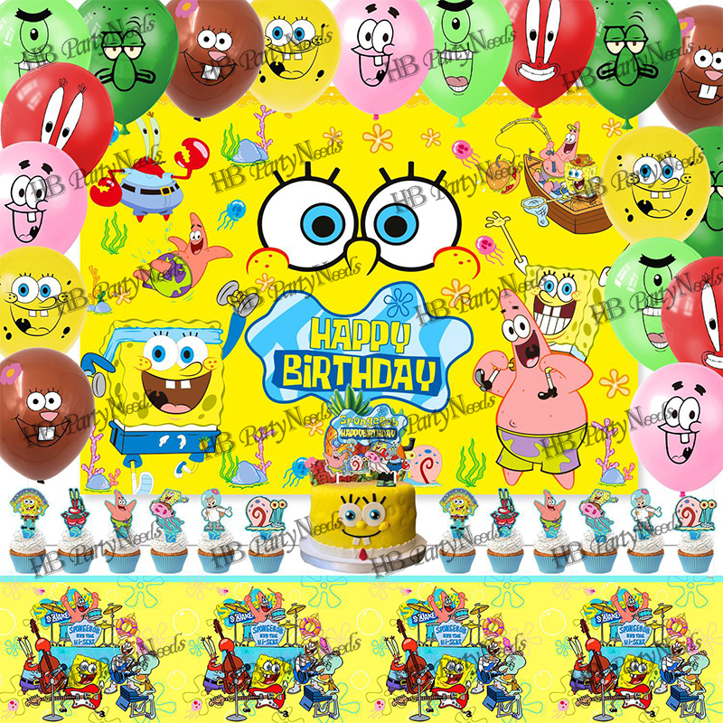 2.2】46Pcs Set Spongebob Birthday Theme Balloons Banner Cake